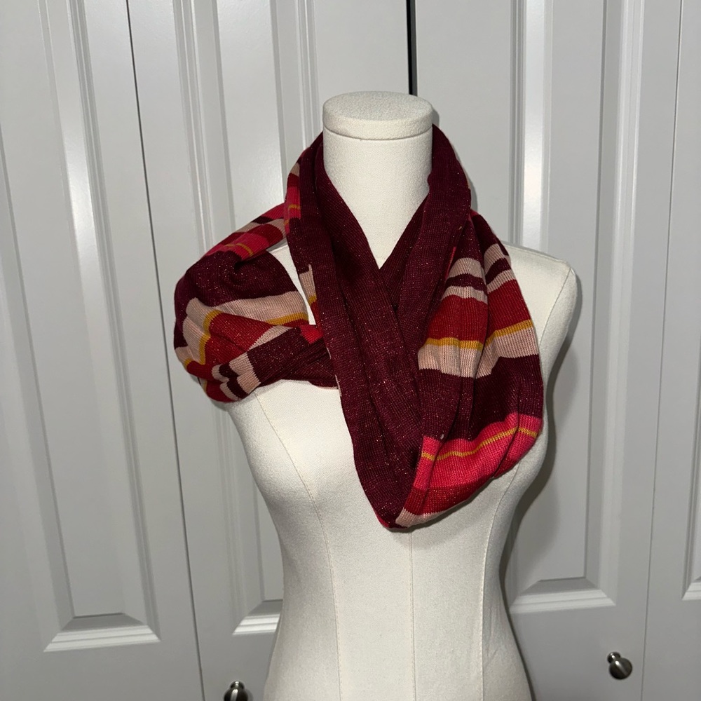 Multicolor Striped Knit Scarf and Hat - Coral & Berry Tones